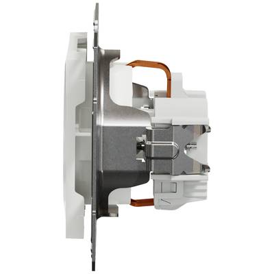 Side view of an electrical switch mechanism with metal and plastic components, showing internal structure and contacts.