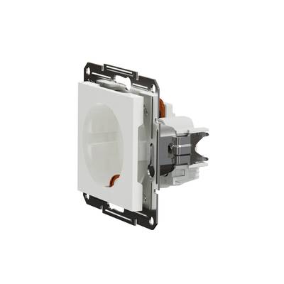 White electric wall socket insert, partially visible, with metal frame and plastic housing, in side perspective.