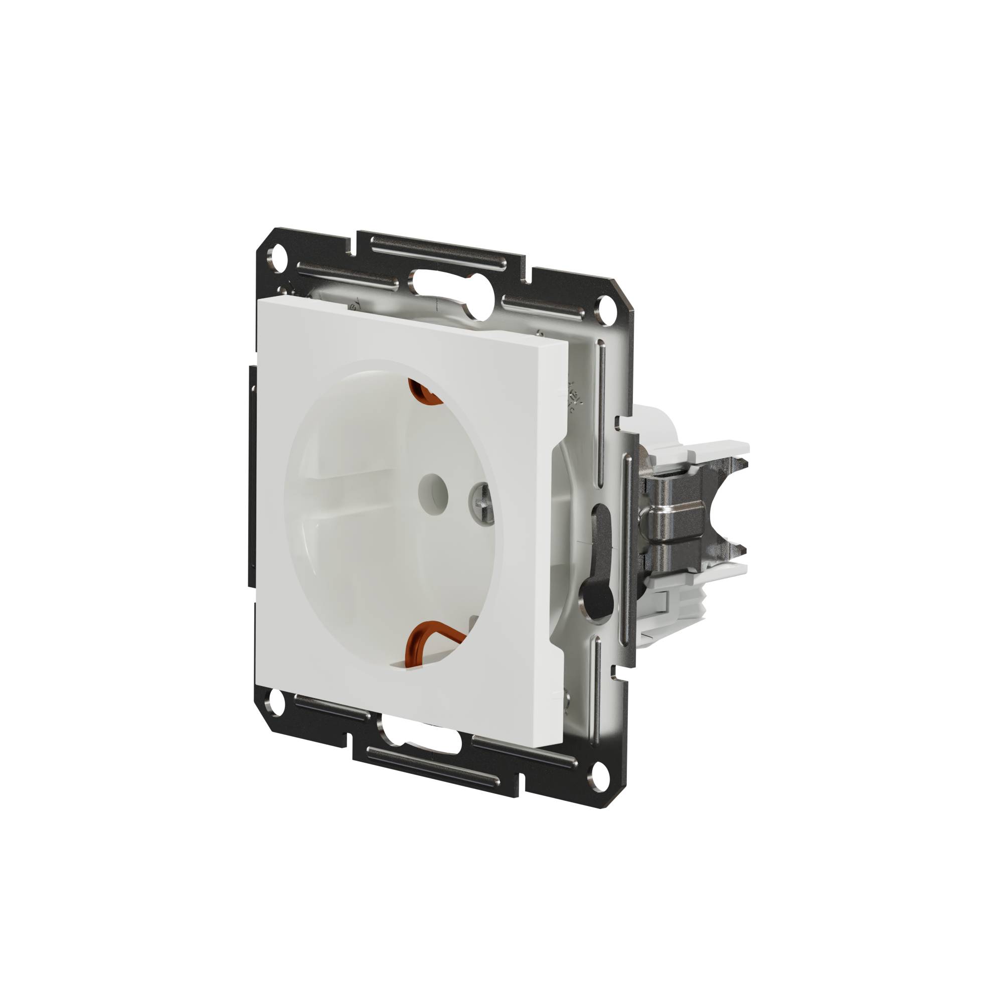 White wall socket with a metal mounting bracket, shown from the side. Suitable for mounting in a wall.