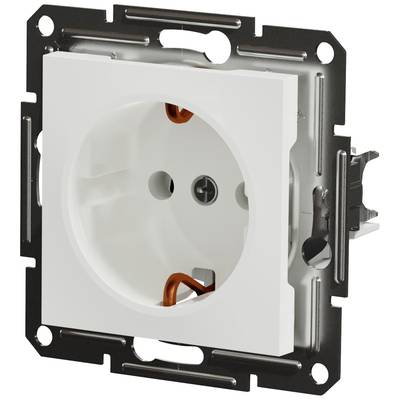 White socket with metal frame, partially recessed. Simple, square shape with two holes for plug pins.