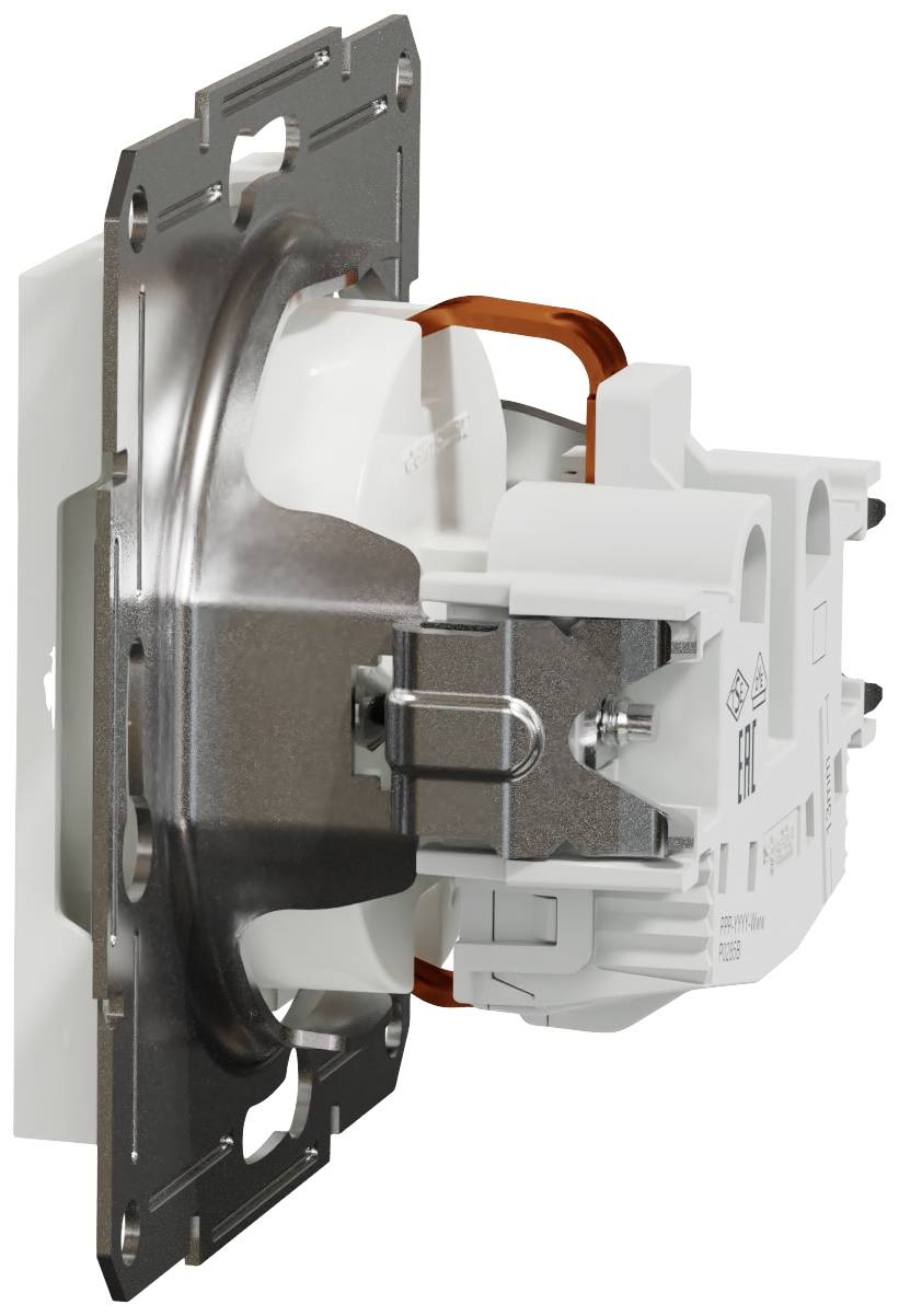 A poorly installed mechanical switch, not flush, with a white plastic component and metal plate fitted at an angle.