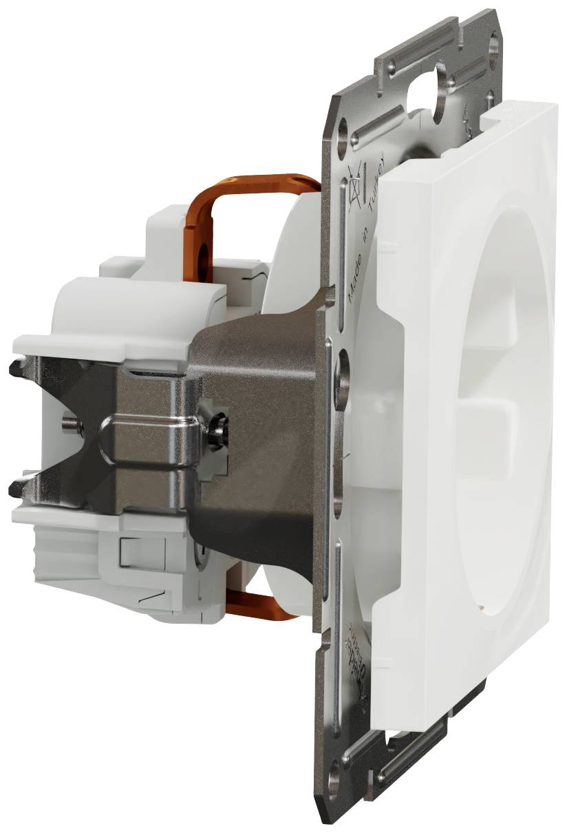 A white light switch with a metal frame and mounting bracket, viewed from the side, reveals the depth of the mechanism and the fastenings.