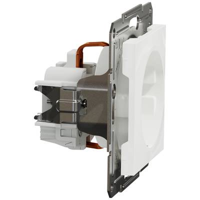 A white light switch with a metal frame and mounting bracket, viewed from the side, reveals the depth of the mechanism and the fastenings.