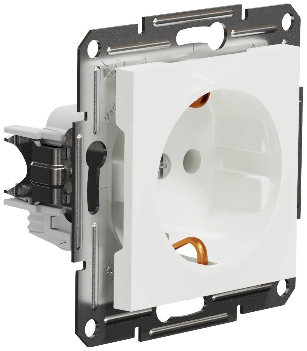 White socket with silver frame viewed from the side. Cable slots visible, suitable for flush-mounting installation.