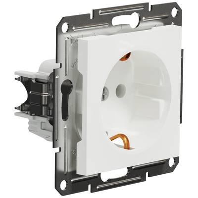 White socket with silver frame viewed from the side. Cable slots visible, suitable for flush-mounting installation.