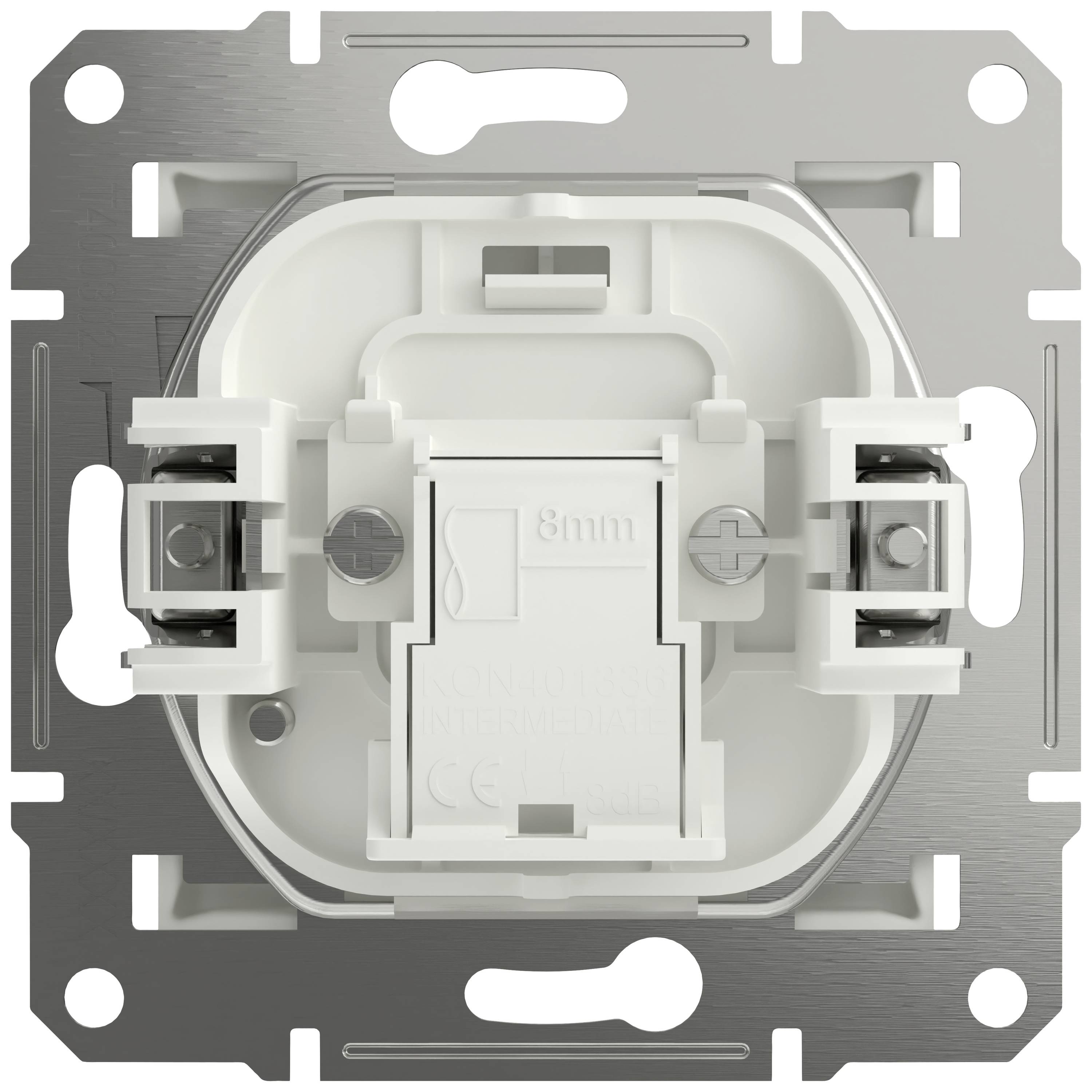 A white flush-mounted dimmer module in a square metal frame, fitted with rotary knob apertures on the left and right.