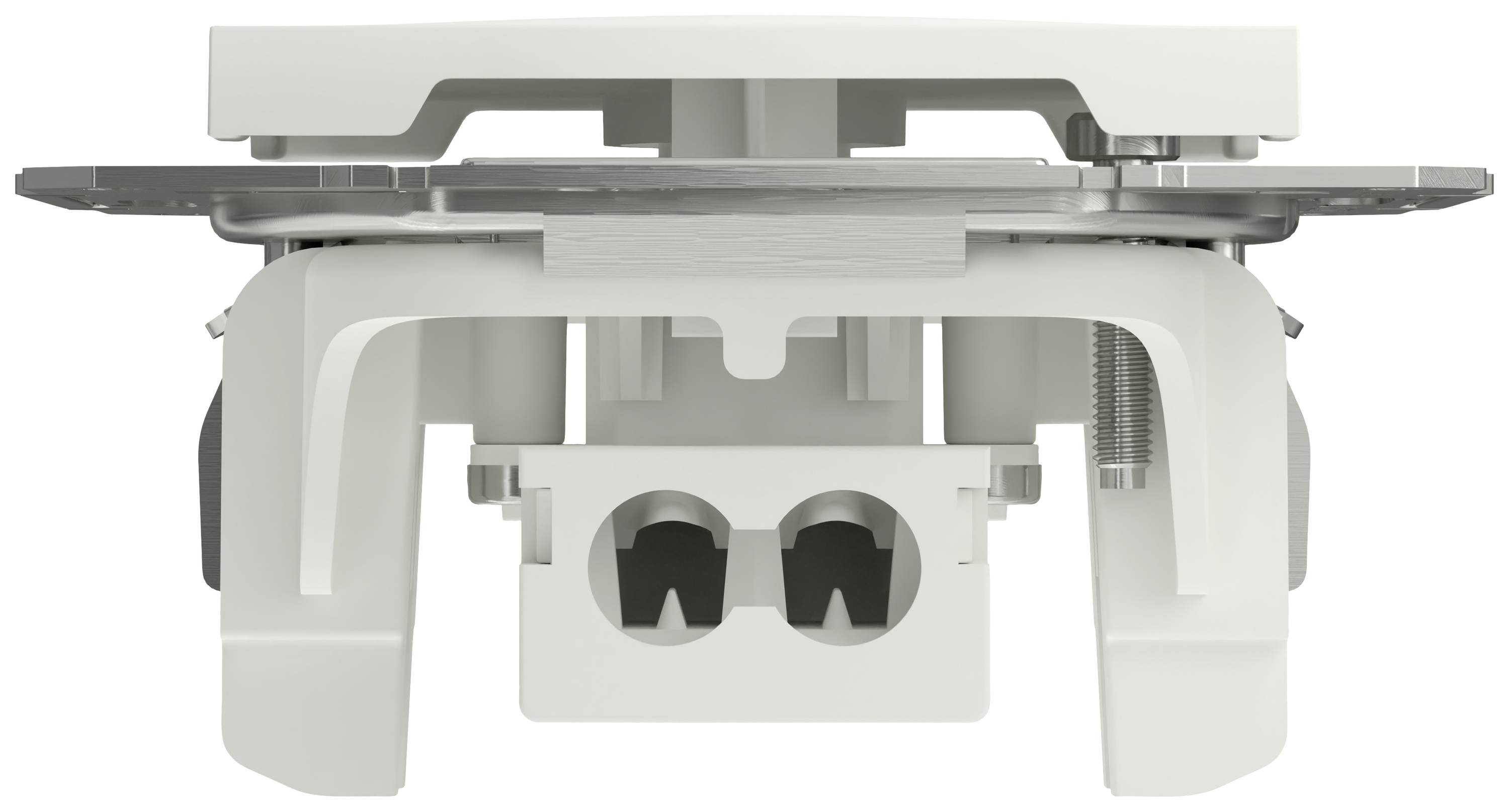 Mechanical component connection with spring system, side view; shows details of white plastic parts and metal components.