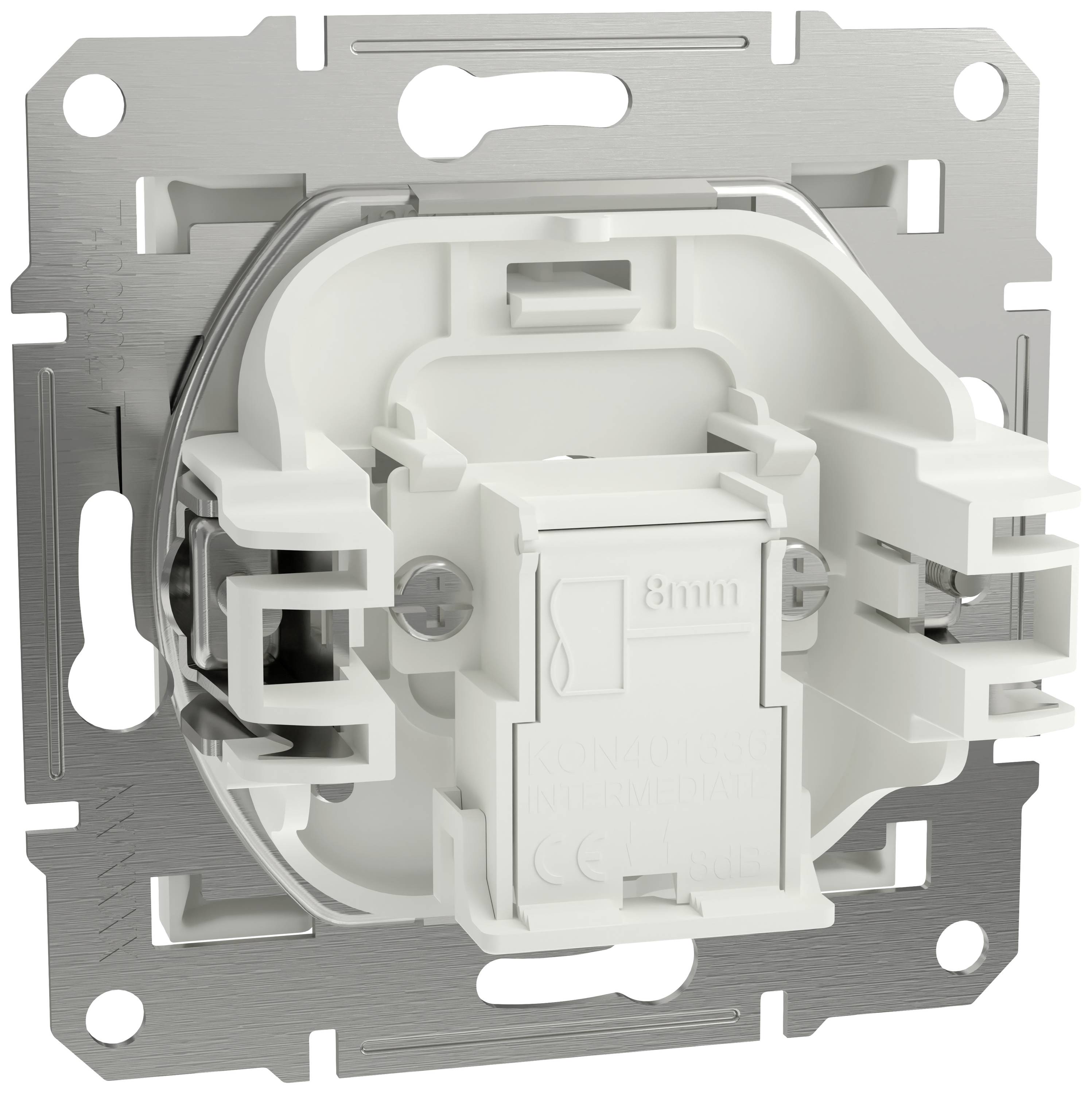 Electrical metal and plastic flush-mounted junction box, square, central housing for cable connections, suitable for switch installation.