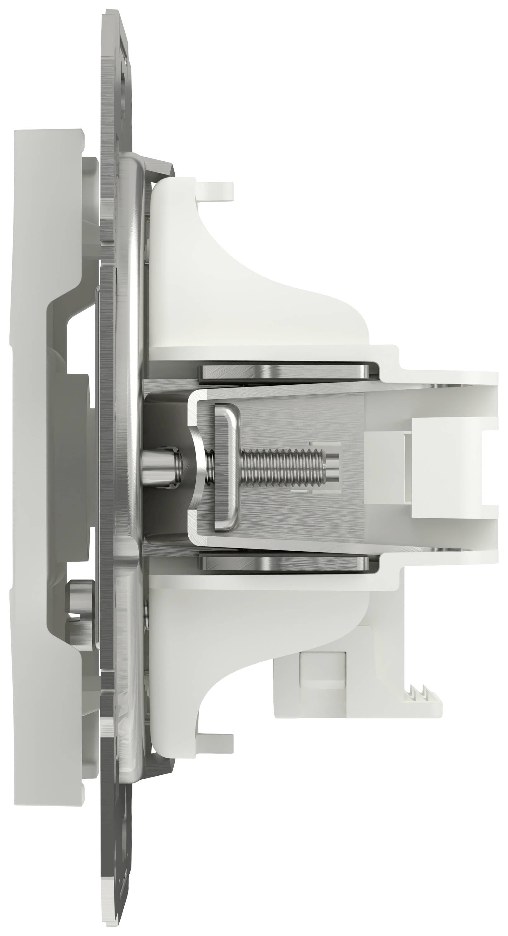 Side view of a technical component with a complex mechanism and screw, presumably part of a switch or plug system.