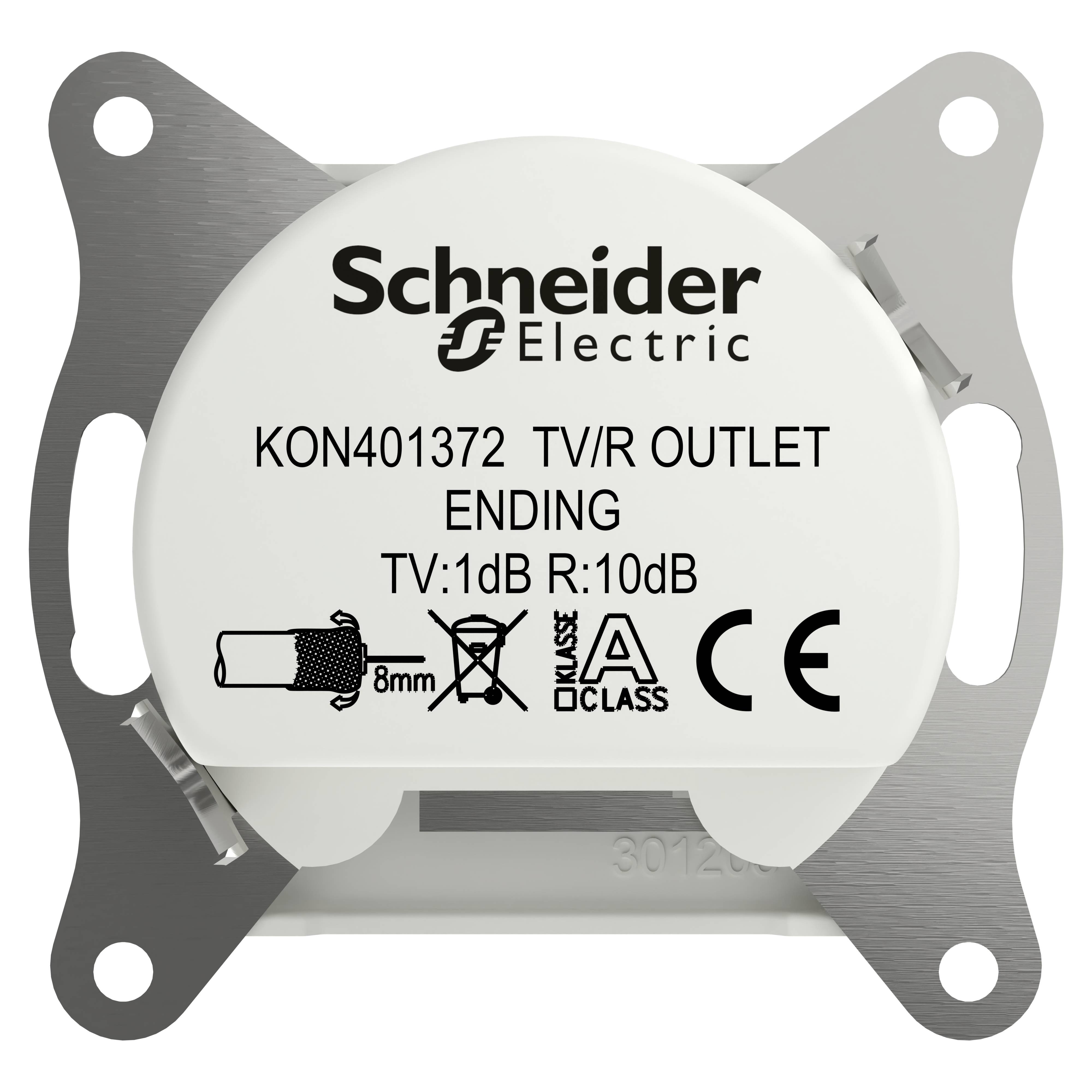 Schneider Electric TV/R Socket with Terminal, Model KON401372, TV: 1dB, R: 10dB. Suitable for 8mm Cable. CE and Class A Certified.