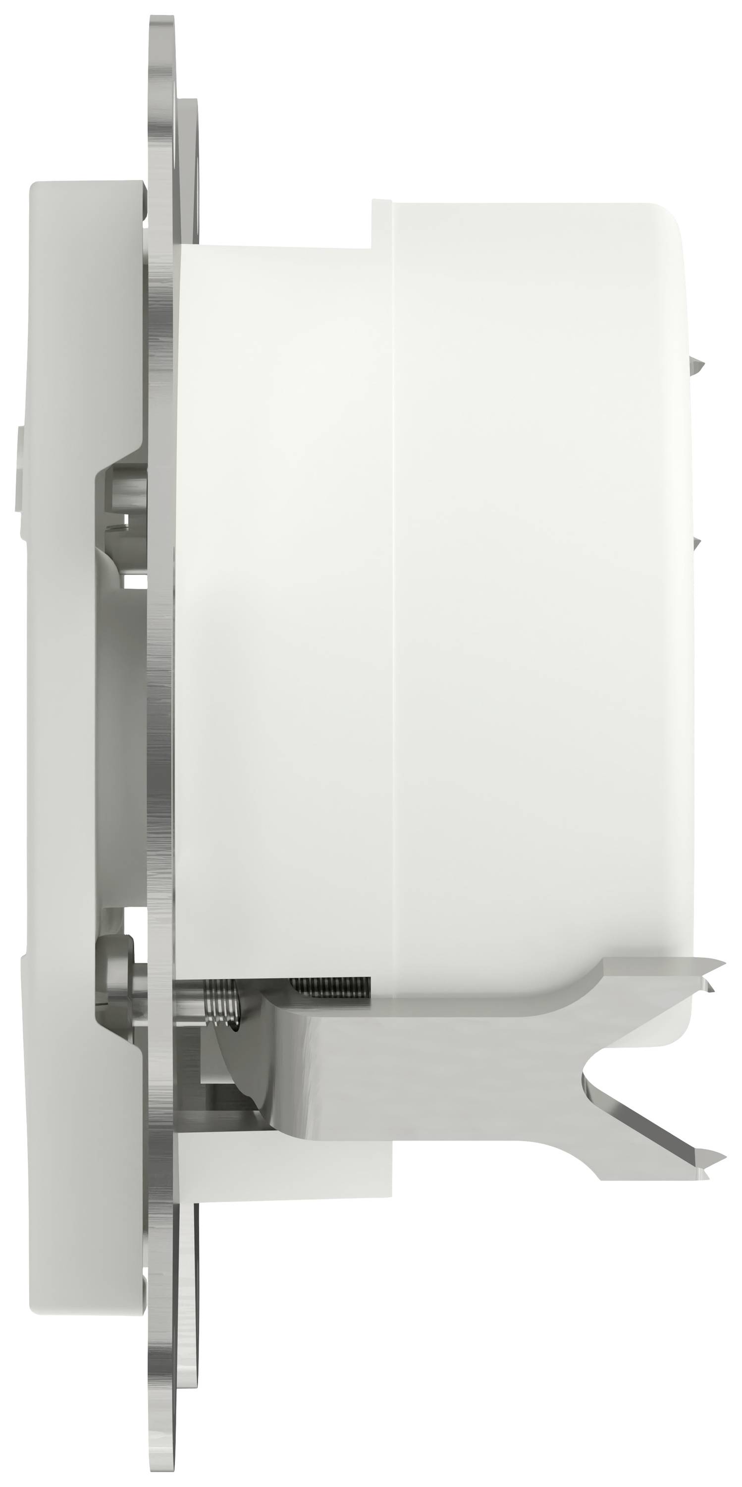 Side view of a white, round recessed loudspeaker with a metal mounting bracket.