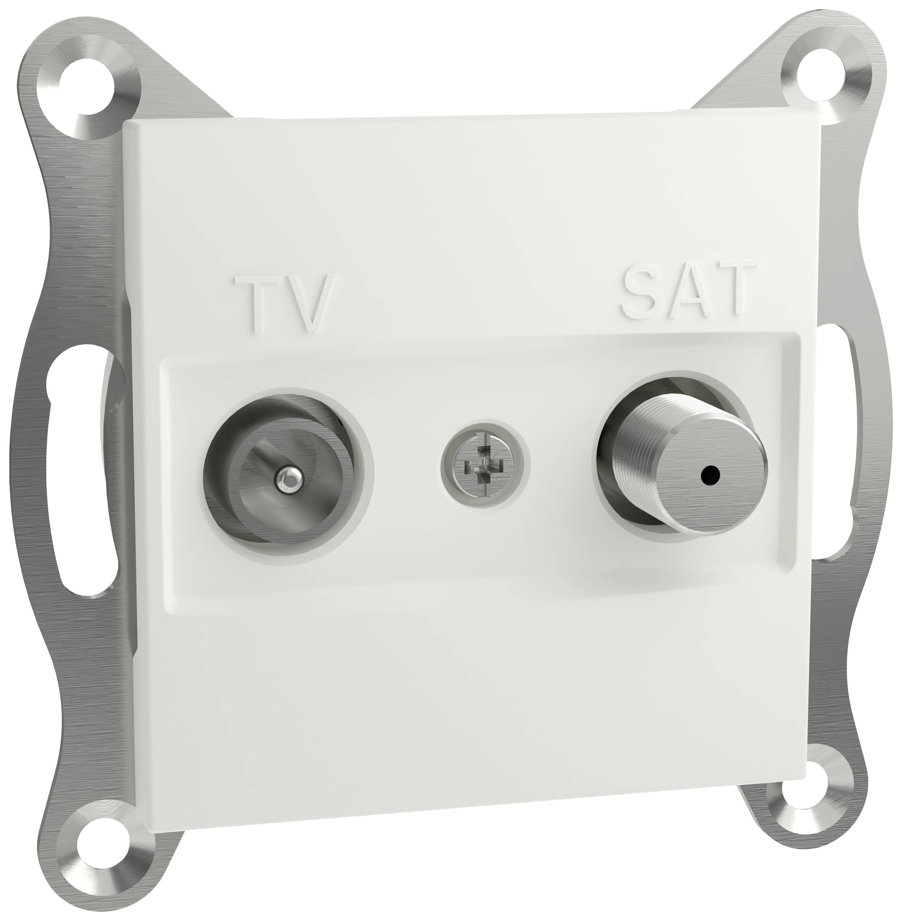 Double TV/Satellite Socket with labelled coaxial connections for television and satellite, mountable in a wall socket.