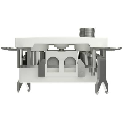 Industrial component with a cylindrical, ribbed connection at the top and metal struts on the sides. Primarily made of metal.