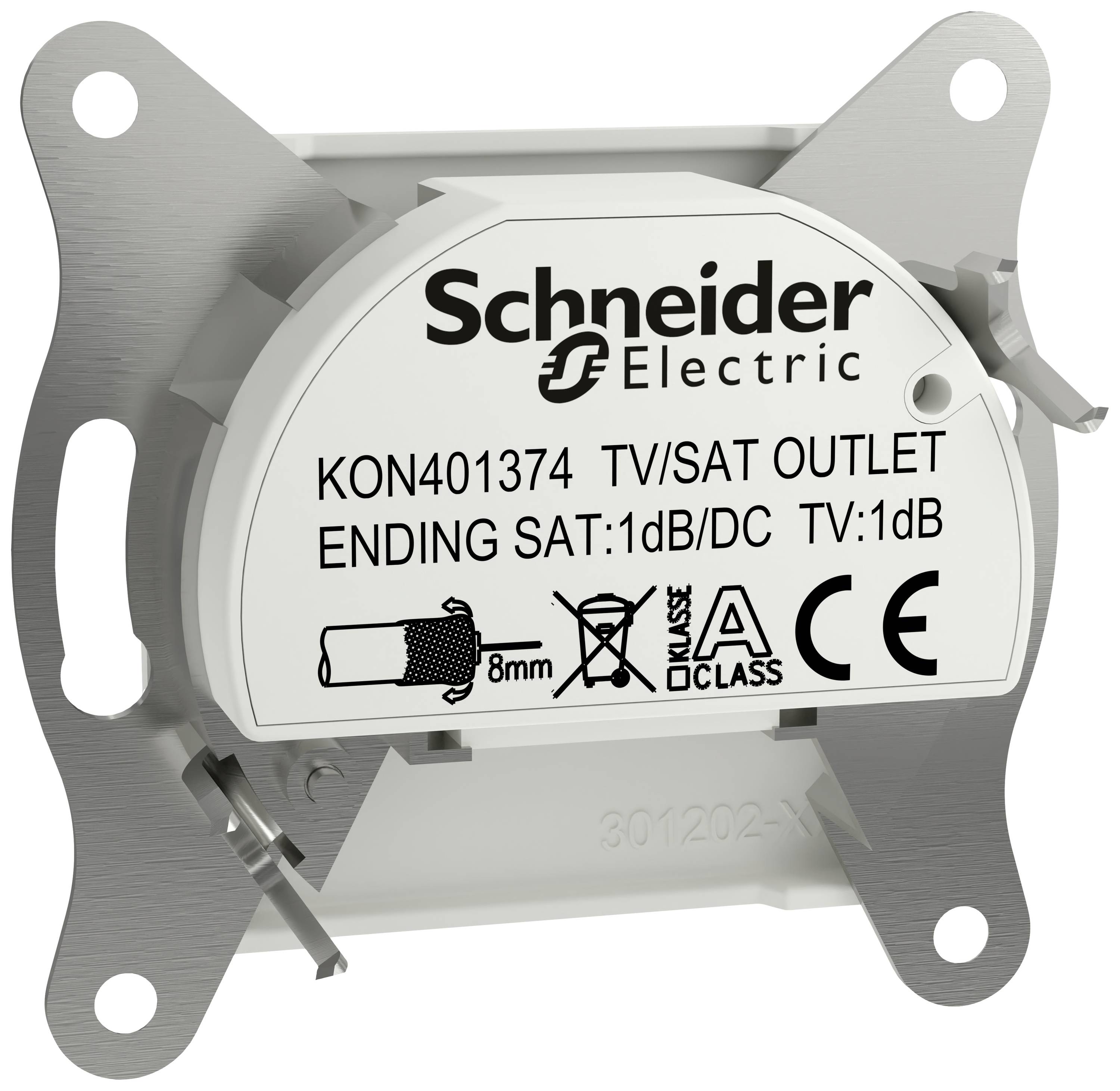 Schneider Electric socket, Model KON401374, for TV/SAT connection, with SAT dampening 1dB/DC and TV 1dB, silver-coloured.