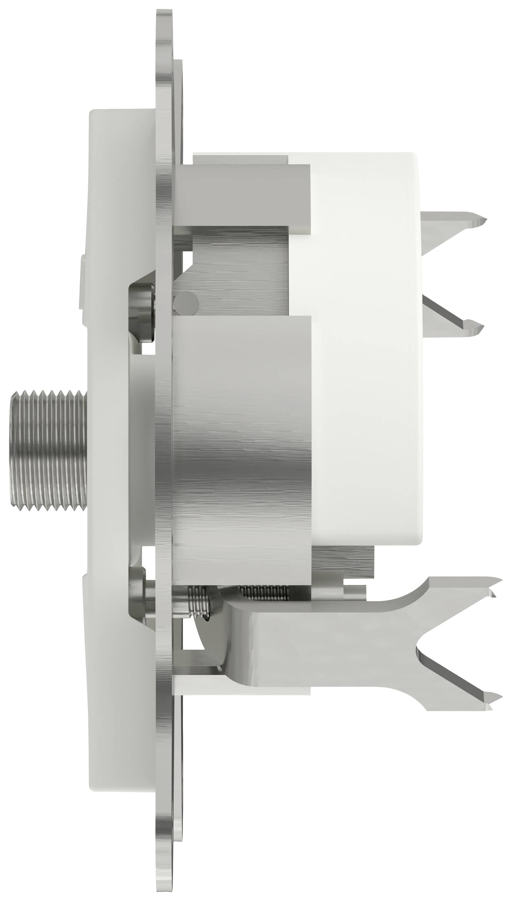 Side view of a cylindrical metallic component with a threaded screw and multiple grooves, potentially a machine element.