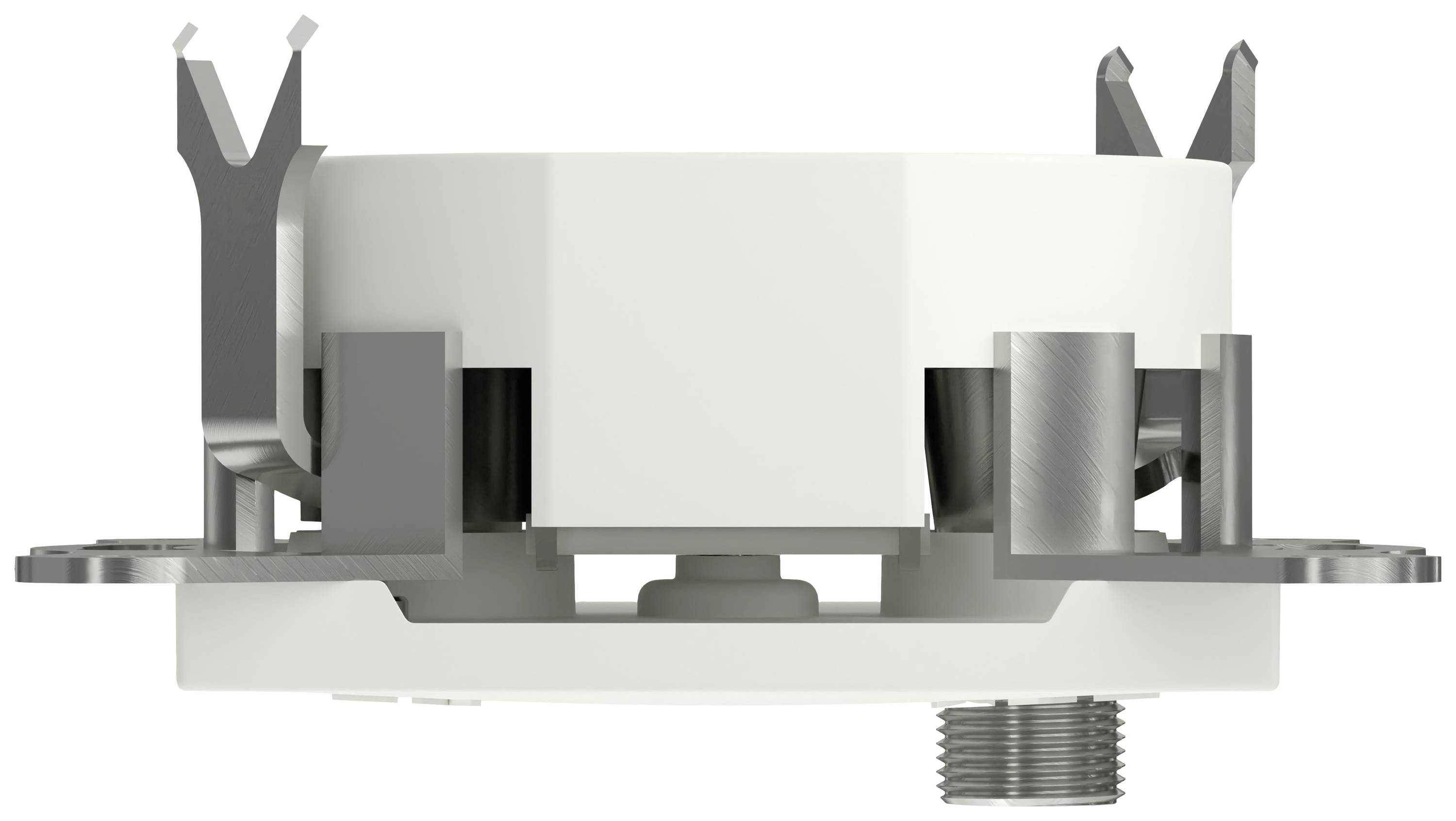 Recessed spotlight with a round, white housing, visible mounting clips for ceiling installation, connection thread located at the bottom.