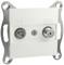 White TV and satellite socket with two connections on a metal frame. Suitable for wall mounting in living spaces.