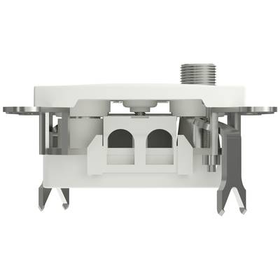 Technical cross-sectional view of a white built-in appliance with electrical connections and metal fixings.