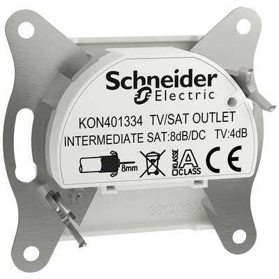 TV-SAT socket by Schneider Electric, Model KON401334. Print shows technical specifications and certifications.