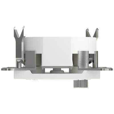 A white, circular lighting module with metal brackets for installation, viewed from the side, reveals technical details of the mounting.