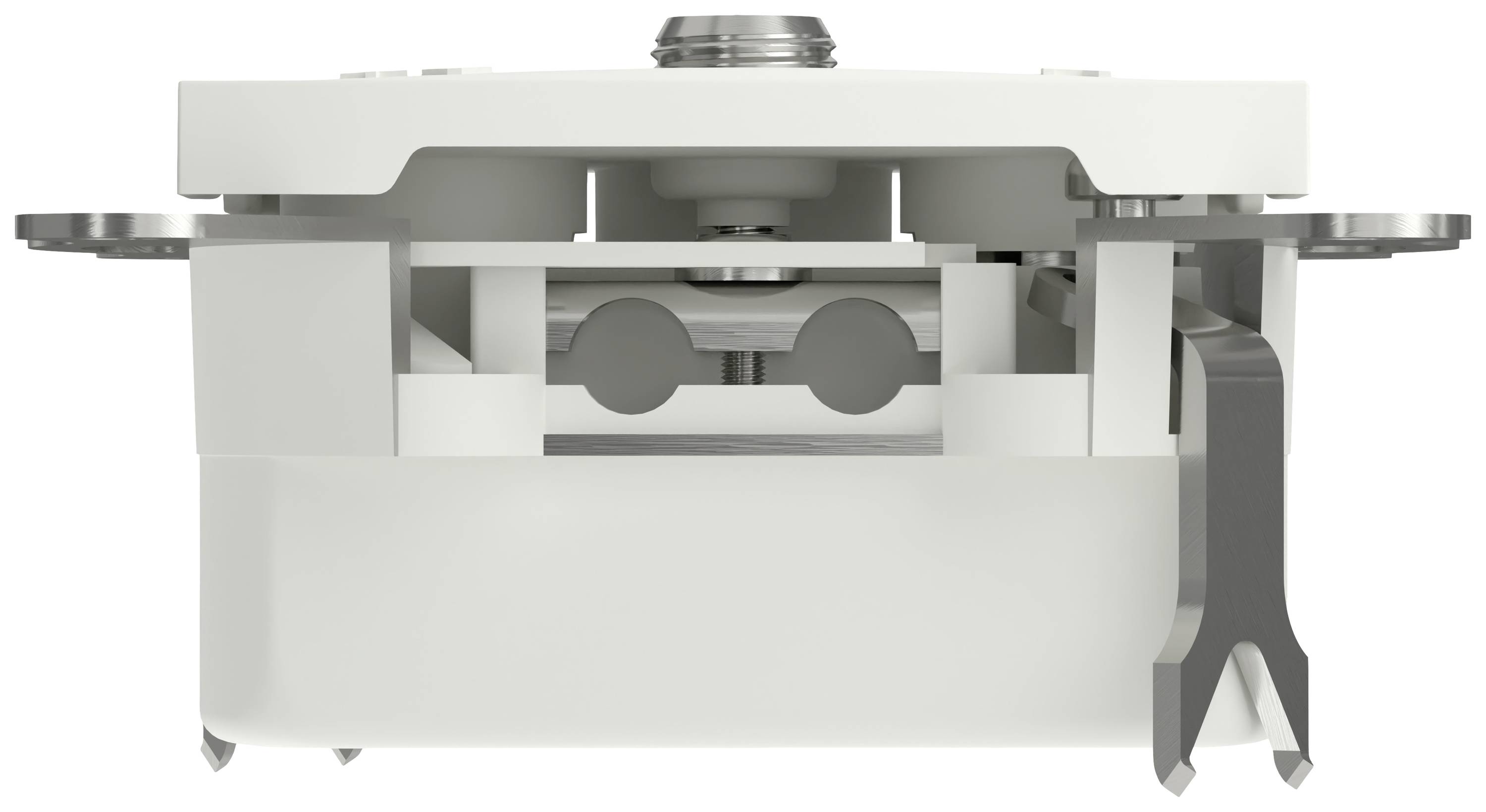 Side view of a white rocking mechanism with metal spring and mounting elements. Reveals internal parts and construction.
