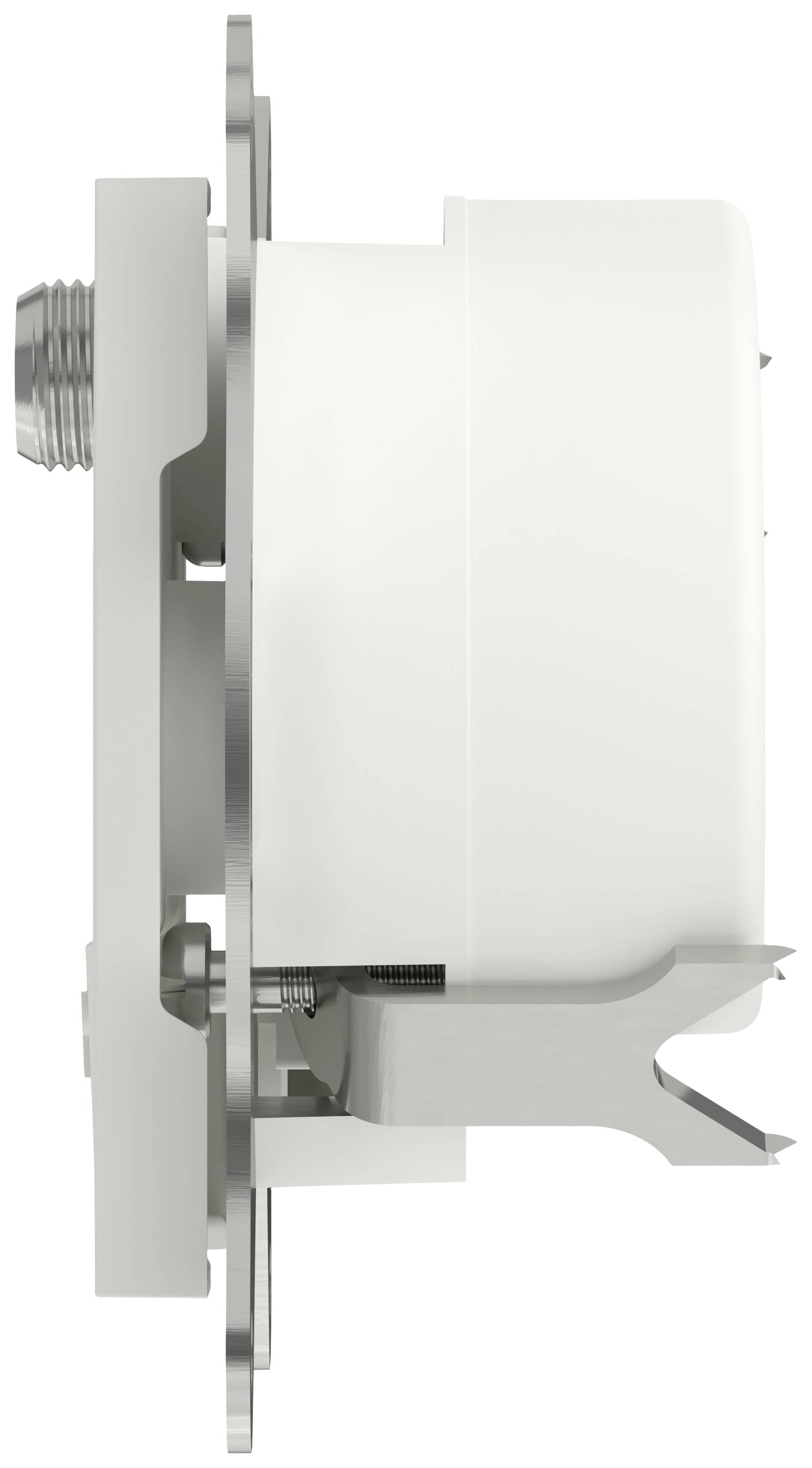 Side view of a white, round technical device with metal and plastic components, showing a mounting plate and fastening elements.