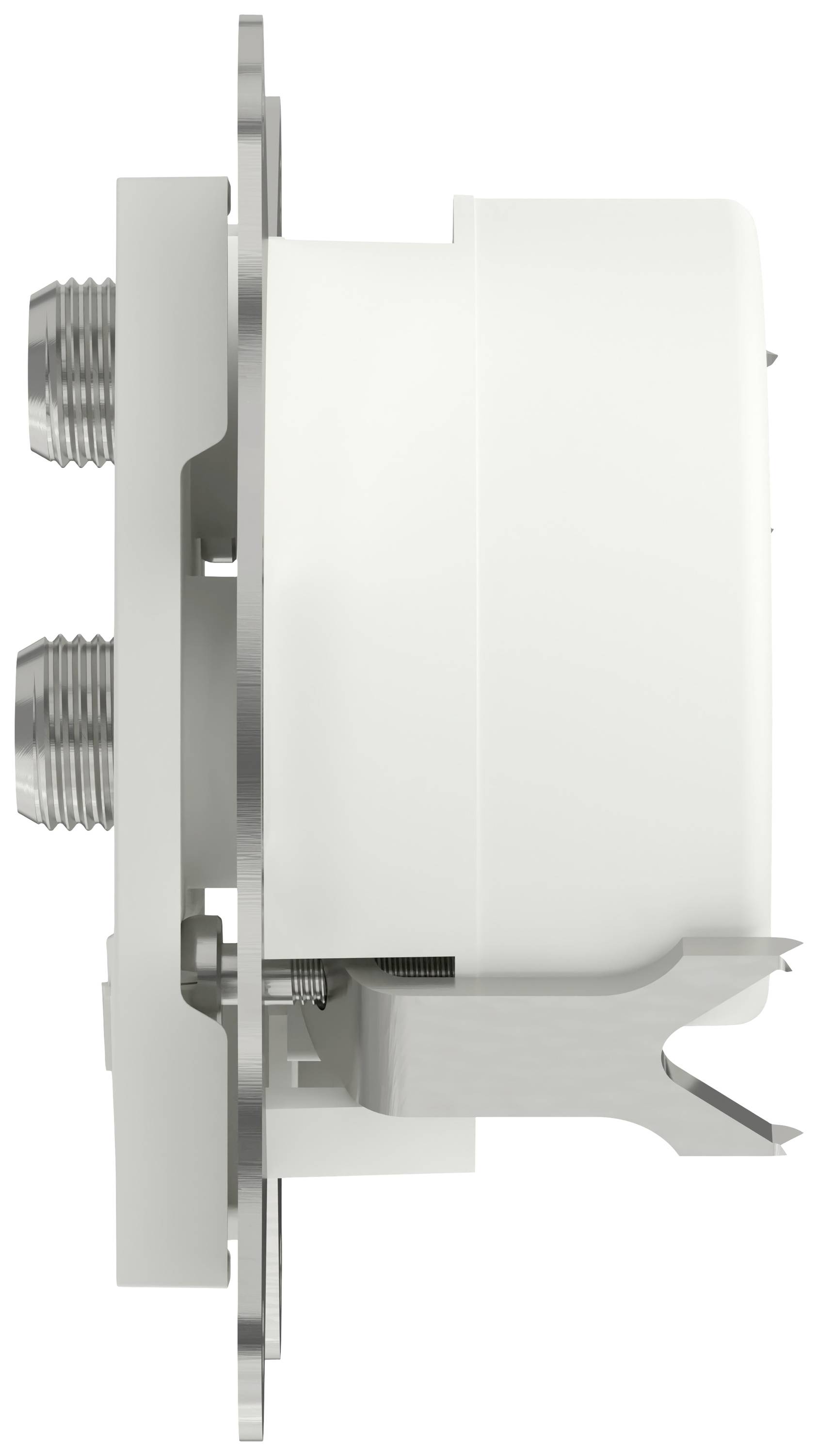 Side view of a white, cylindrical device with metal connectors and a mounting bracket. Used in technical applications.