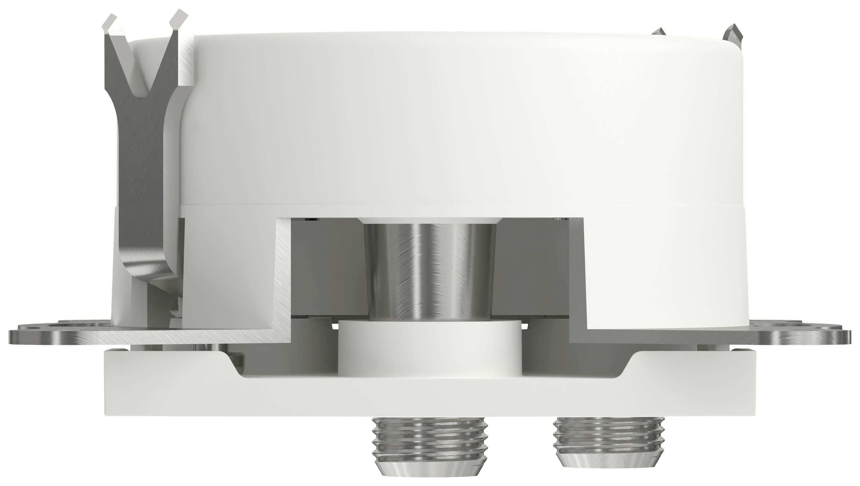 Side view of an electrical component made of metal and plastic with two visible plug connections at the bottom.