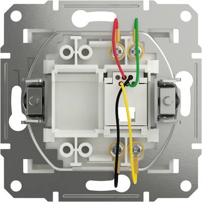 Light switch backside with wiring: Four differently coloured cables (red, black, green, yellow) are connected with screw terminals.