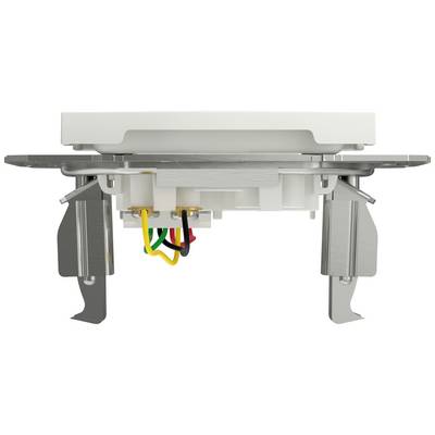 Side view of an electrical switch with exposed cables in various colours. Metal mounting brackets are visible.