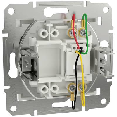 A flush-mounted electrical box with four connected electrical wires in red, green, yellow and black at their respective connection points.