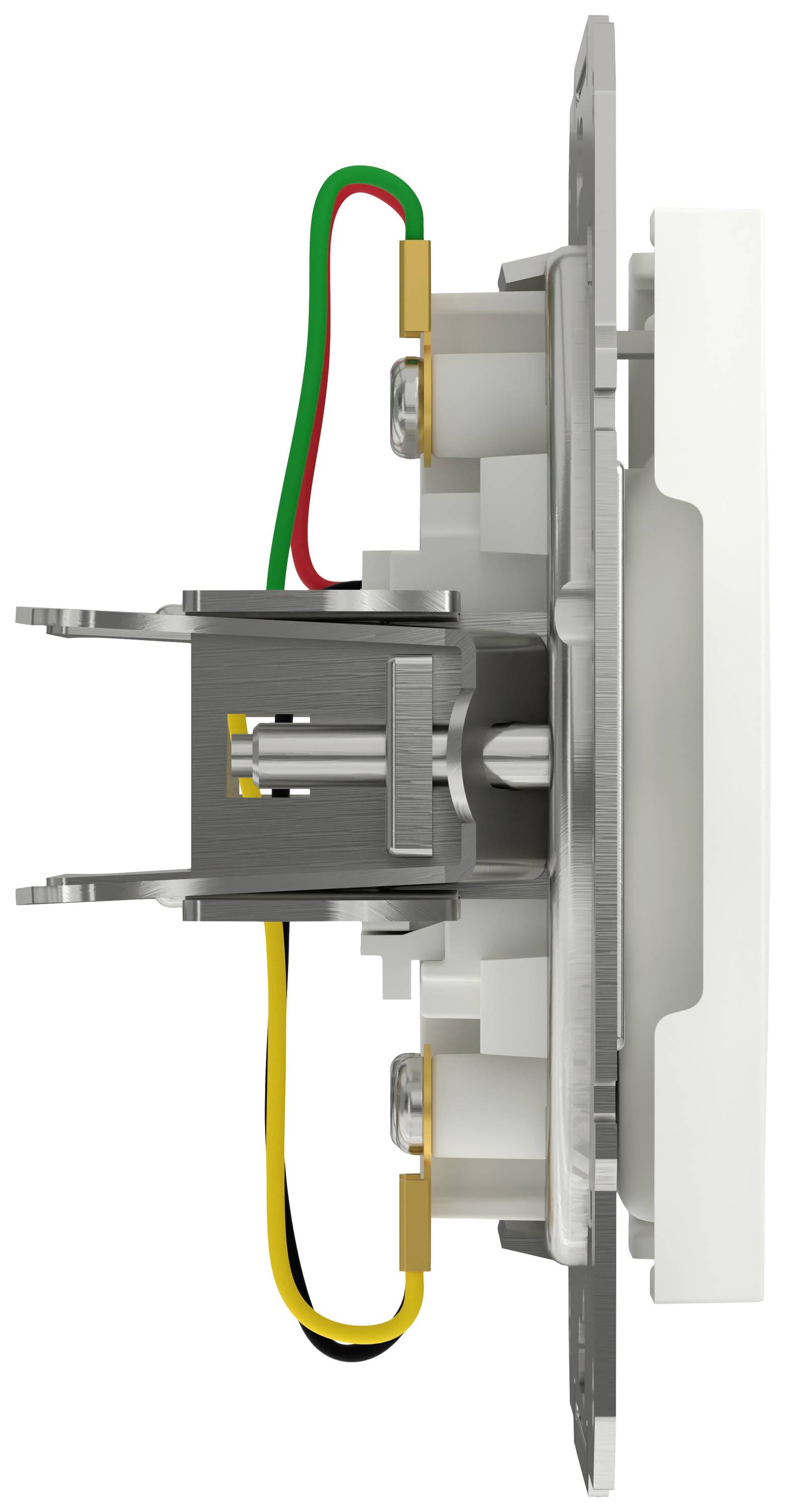 Side view of a switch with visible wiring in red, green, yellow, and black. The metal components and white plastic cover are visible.