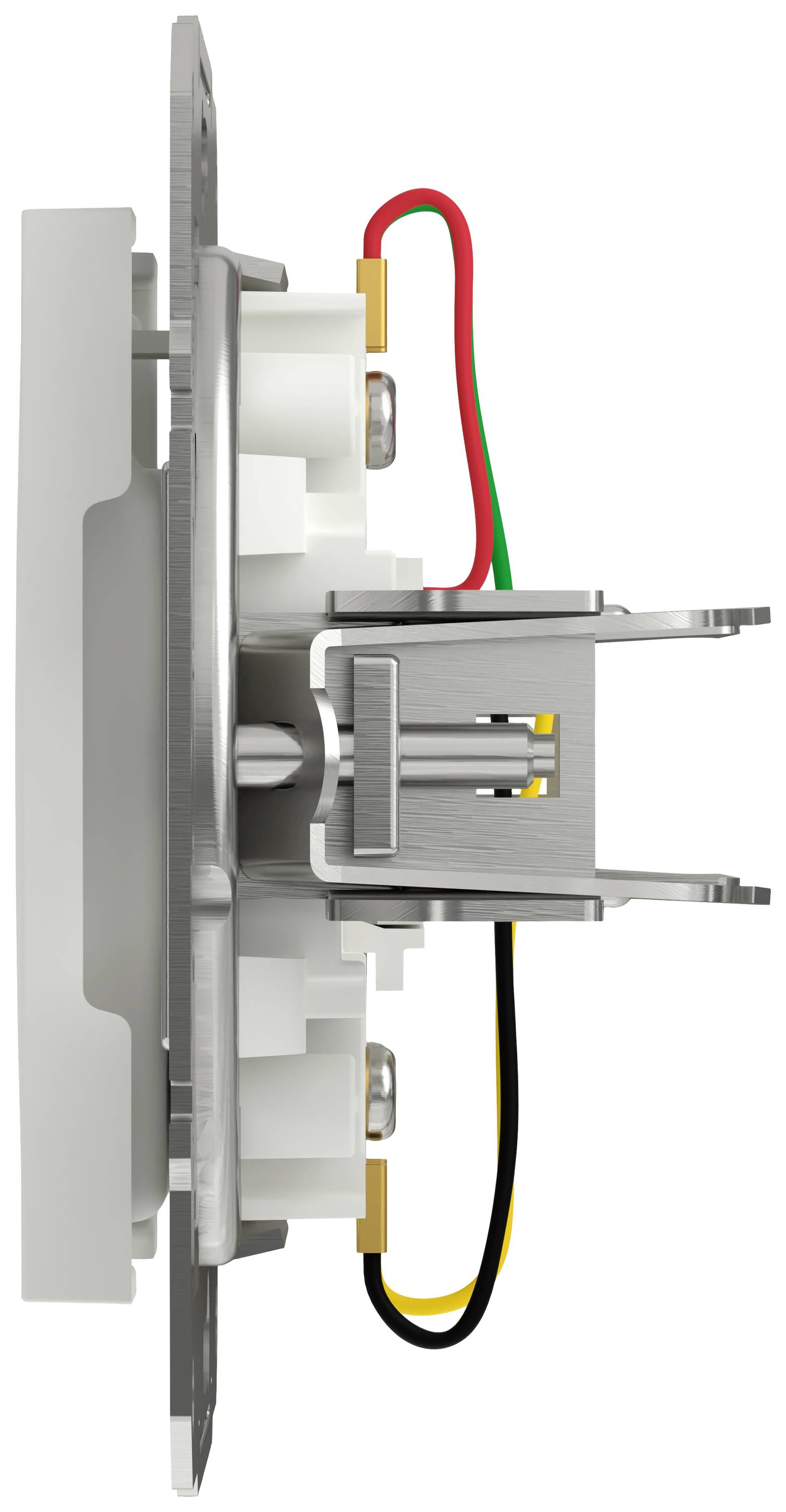 Side view of an electrical switch with visible wiring in red, green, yellow, and black. Primary focus is on the construction method.