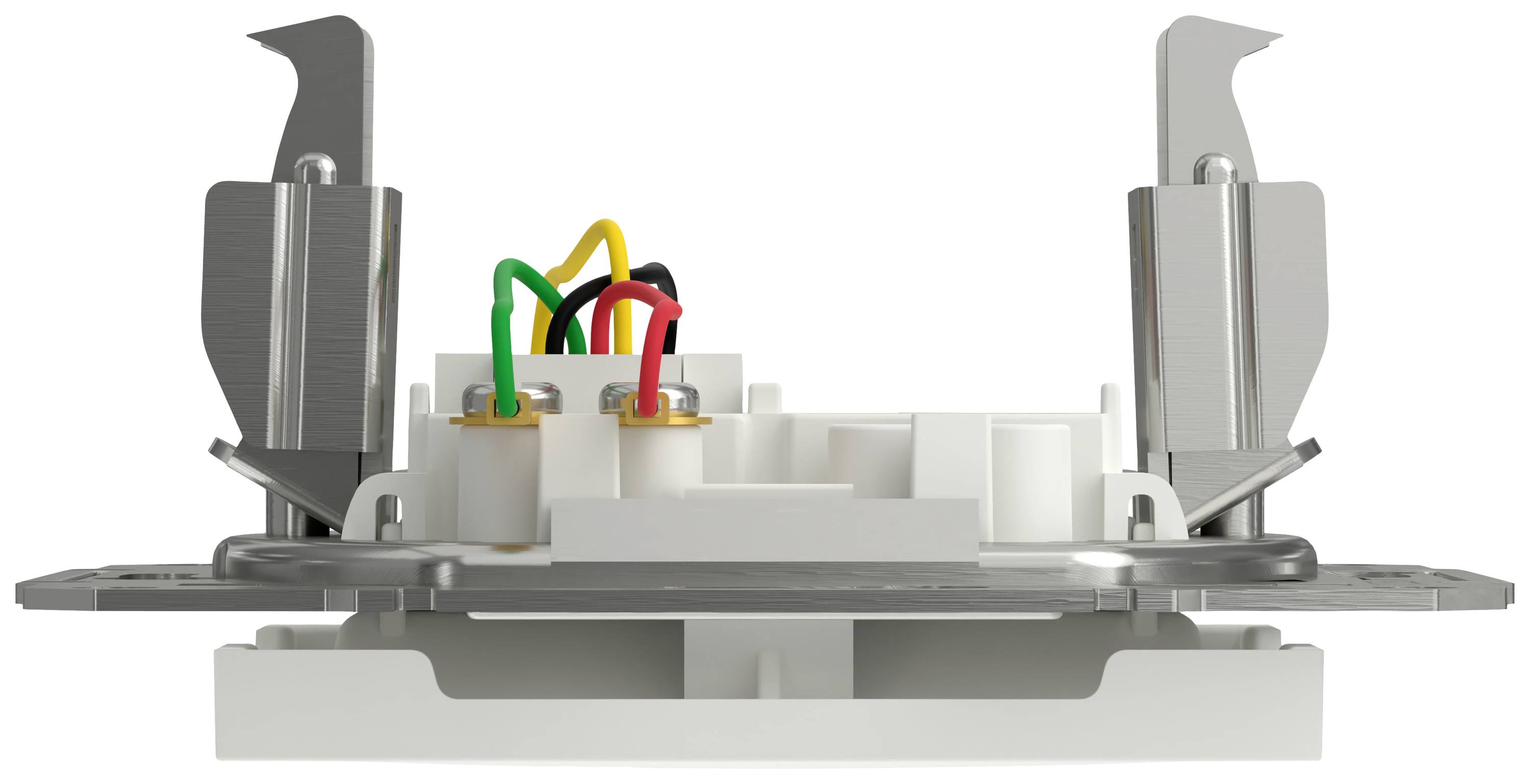 An electrical switch with metal terminals and coloured cables (green, yellow, black, red) in a white mounting.