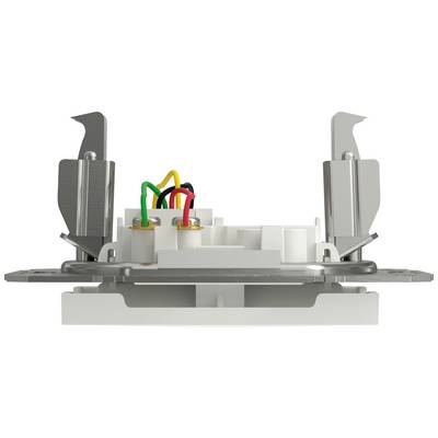 An electrical switch with metal terminals and coloured cables (green, yellow, black, red) in a white mounting.