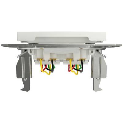 The image shows the back of a light switch with several coloured wires (black, yellow, red, green) and metal clips for fastening.