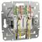 Rear view of an electrical switch with coloured cables, secured to a metal plate.