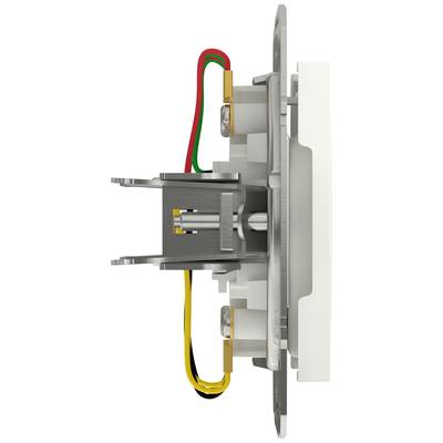 Side view of an electrical switch with coloured wires for wiring. The wires are red, green, yellow, and black.