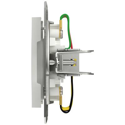 A side view of an electrical wall switch with coloured cables (green, red, black, yellow). Technical device.