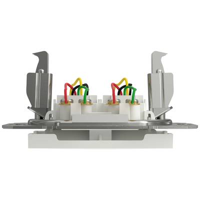 An electrical switch with multiple coloured cables, mounted on a metal plate, reveals its internal connections and wiring.