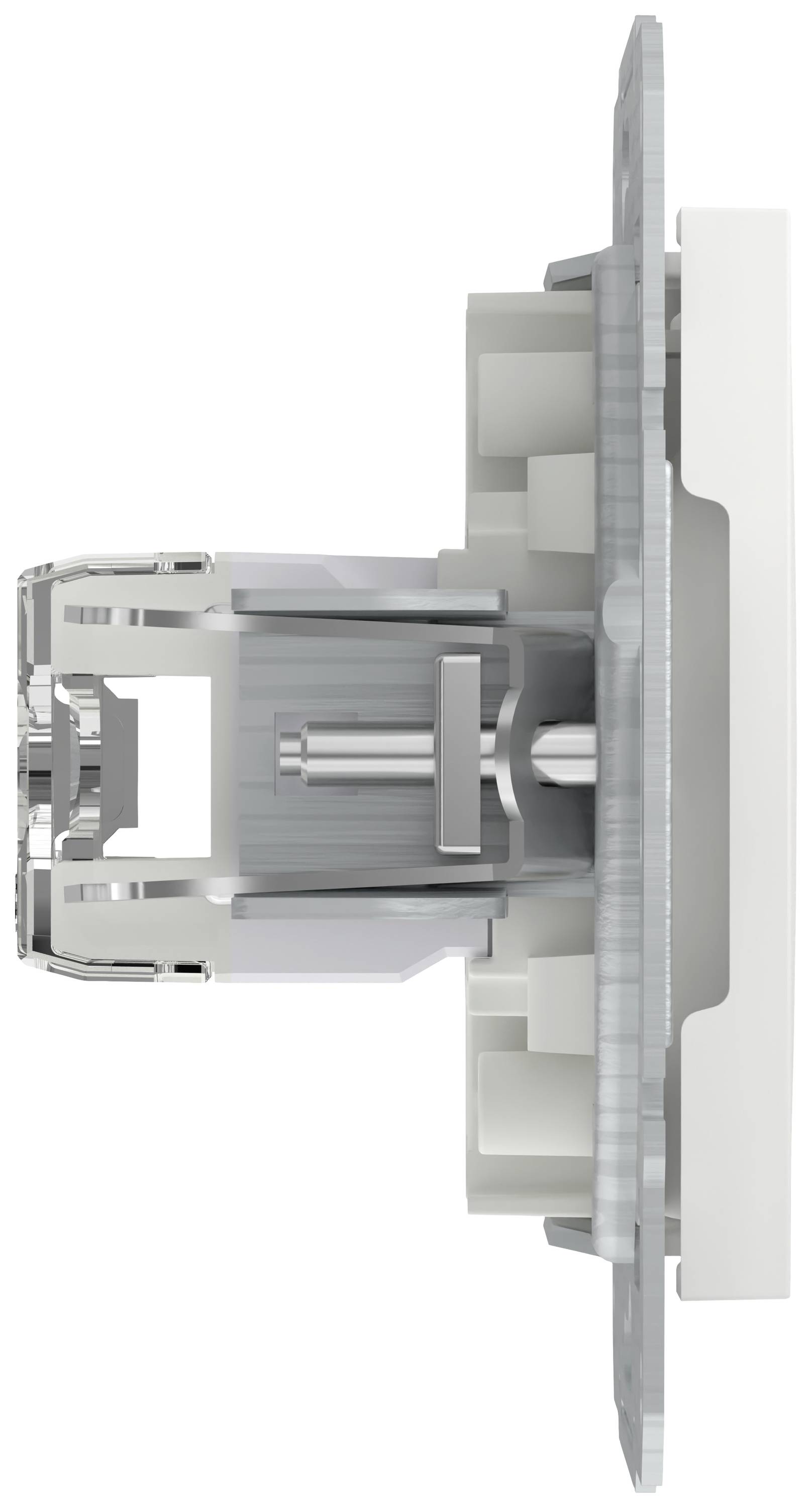 Side view of an electrical switch with visible mechanism and mounting elements, suitable for wall mounting.