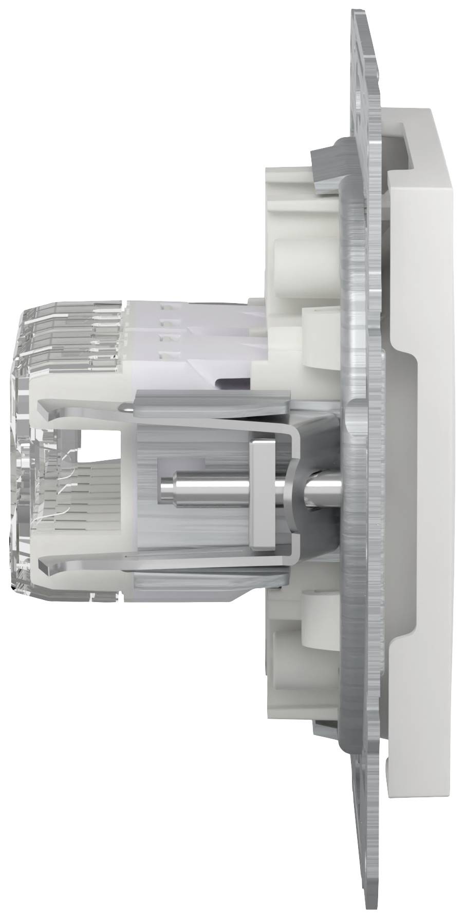 Side view of an electrical switch with a transparent cover and visible internal components, mounted on a white plate.