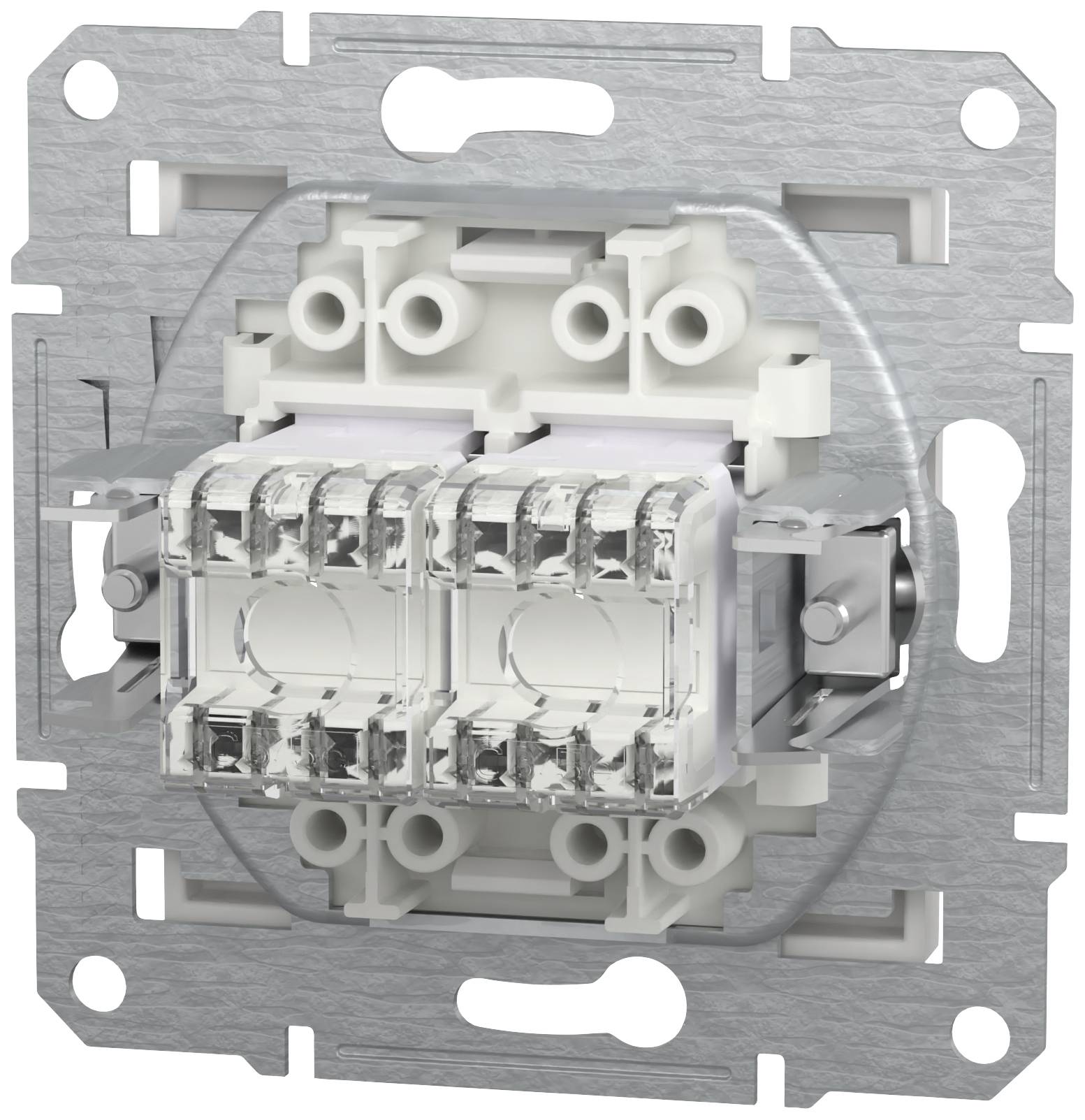 A double flush-mounted switch with a metal frame and multiple connection terminals, ready for installation in a wall.