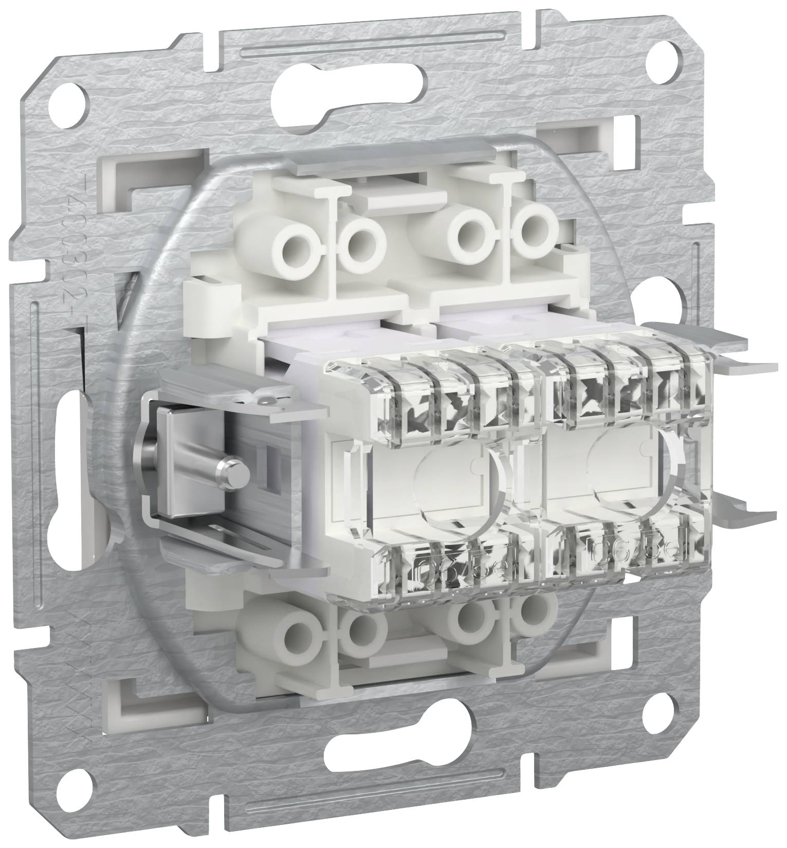 Metal base with transparent plastic cover, rectangular, with connection terminals and mounting bracket on the rear.