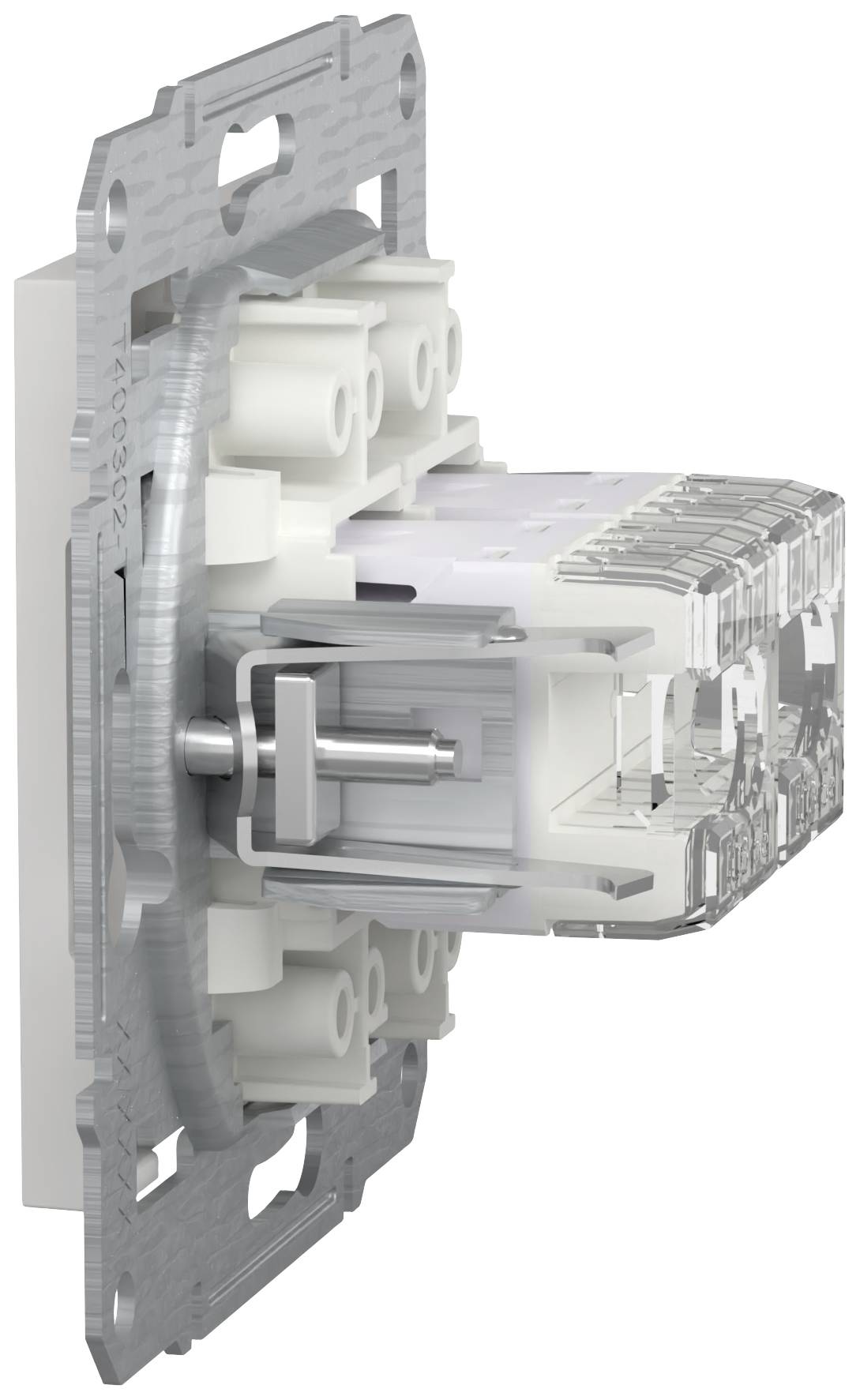 A socket unit in white and silver reveals its internal wiring and mechanical components, ready to be mounted on a wall.