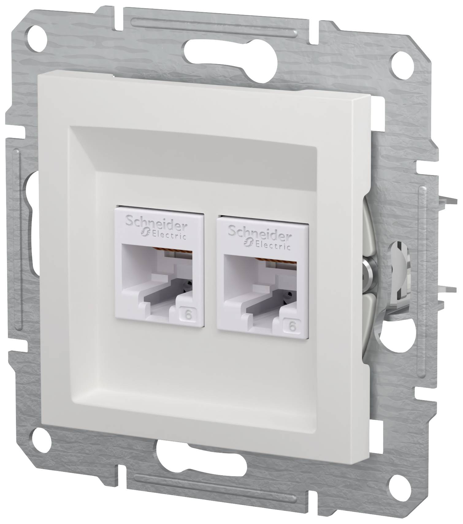 Double socket by Schneider Electric for network connections, mounted in a metal bracket. Suitable for Ethernet cables.