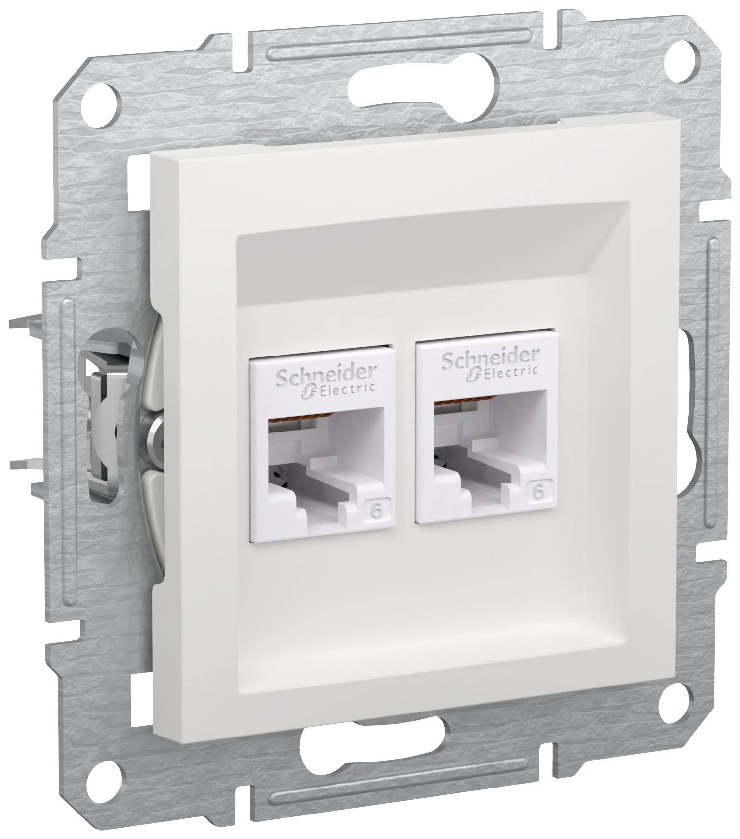 Two network sockets in a white wall plate. Both sockets are marked with 'Schneider Electric' and have space for cables.