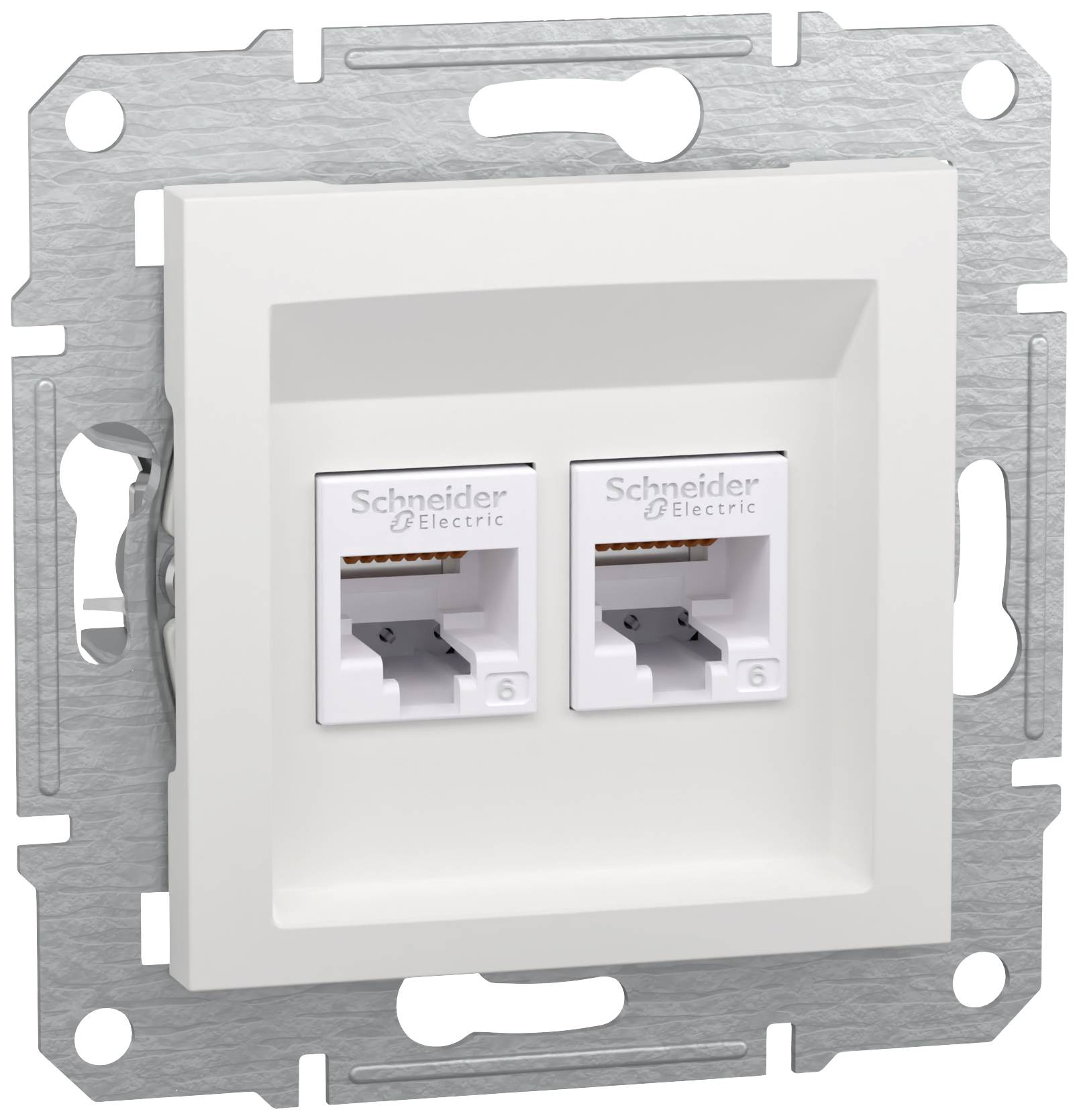 Two network sockets on a white wall plate, brand logo visible, for data or telephone connections.
