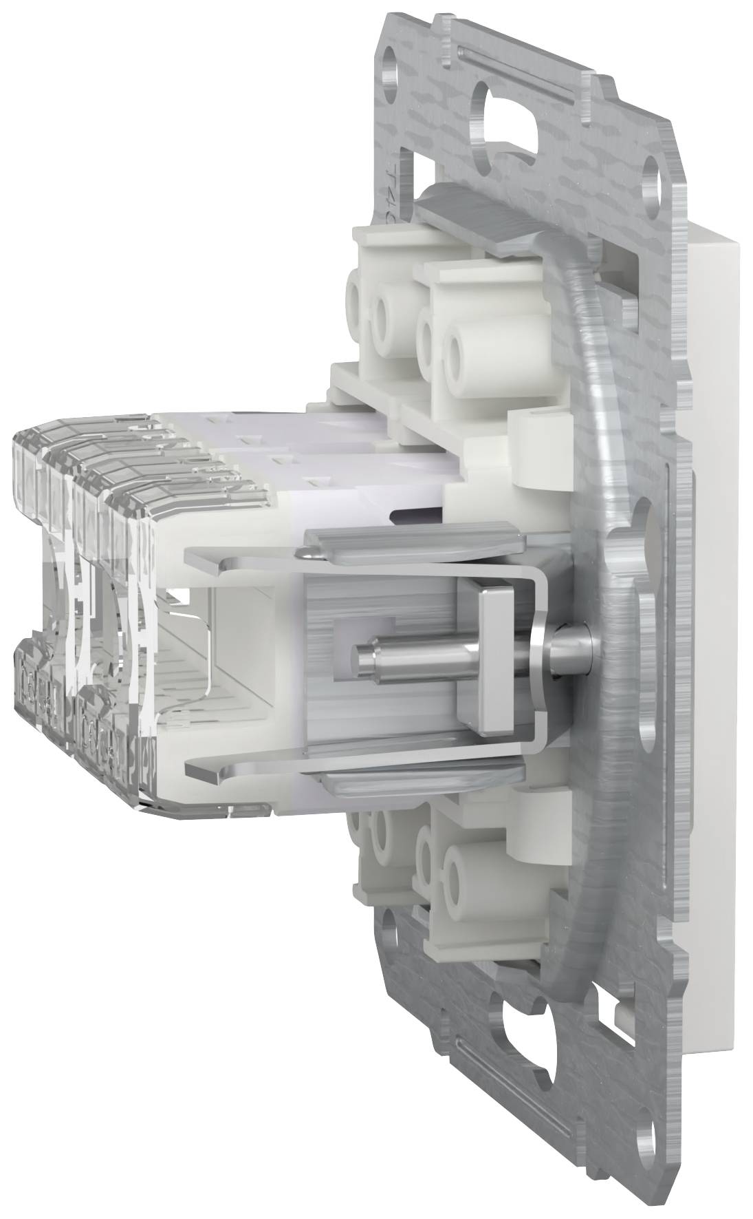 A side view of a transparent network socket mounted on a metal plate reveals the internal structure of the connections.