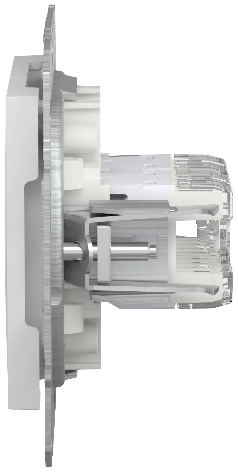 Side view of an electrical switch with built-in components and connection parts for installation in a wall.